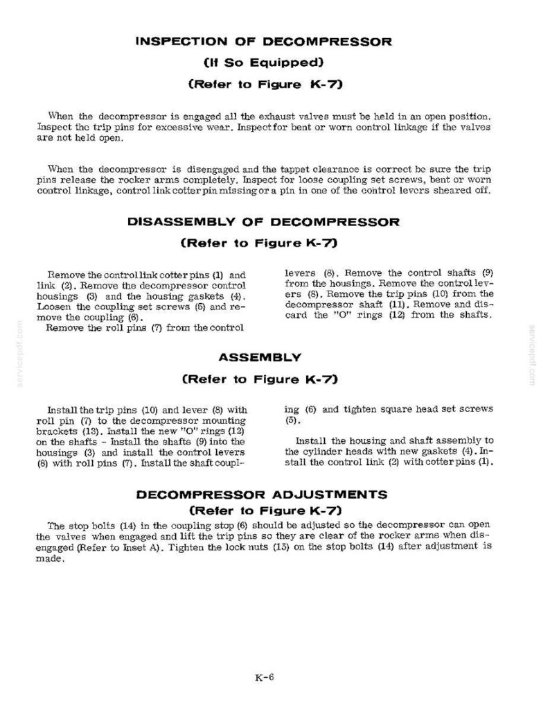 May include: A detailed technical document with instructions for inspecting, disassembling, assembling, and adjusting a decompressor. The text is in black font on a white background, with section headings and numbered steps. The document includes diagrams and references to figure K-7.