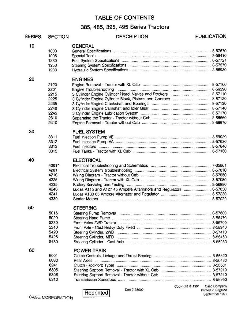 May include: A printed table of contents for 385, 485, 395, and 495 series tractors. The document lists sections like engines, fuel systems, and electrical components. The publication date is September 1991.
