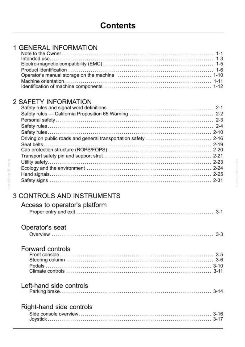 May include: A page from a manual titled "Contents." The document is divided into sections including General Information, Safety Information, and Controls and Instruments. Text is black on a white background.
