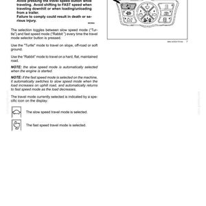 May include: Diagram of a control panel with various symbols and buttons, including a travel mode selector. Text provides warnings about travel speed and mode selection for safe operation of the machinery.