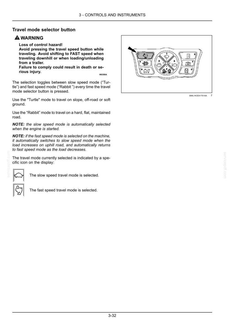 May include: Diagram of a control panel with various symbols and buttons, including a travel mode selector. Text provides warnings about travel speed and mode selection for safe operation of the machinery.