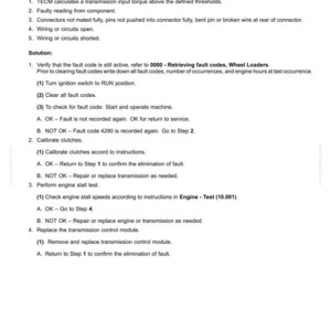 May include: A document titled "Electrical systems - FAULT CODES" details troubleshooting steps for a "4290-Transmission input torque overload" error. The text includes causes, solutions, and numbered steps for diagnosis and repair.