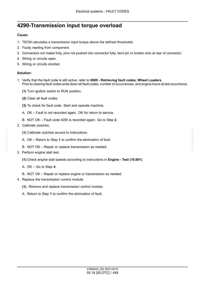 May include: A document titled "Electrical systems - FAULT CODES" details troubleshooting steps for a "4290-Transmission input torque overload" error. The text includes causes, solutions, and numbered steps for diagnosis and repair.