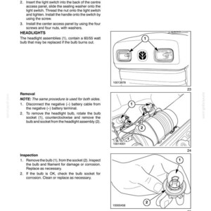 May include: Diagrams from a manual detailing the electrical system of a tractor. The images show headlight assembly, bulb removal, and inspection procedures. Text includes instructions and part numbers.