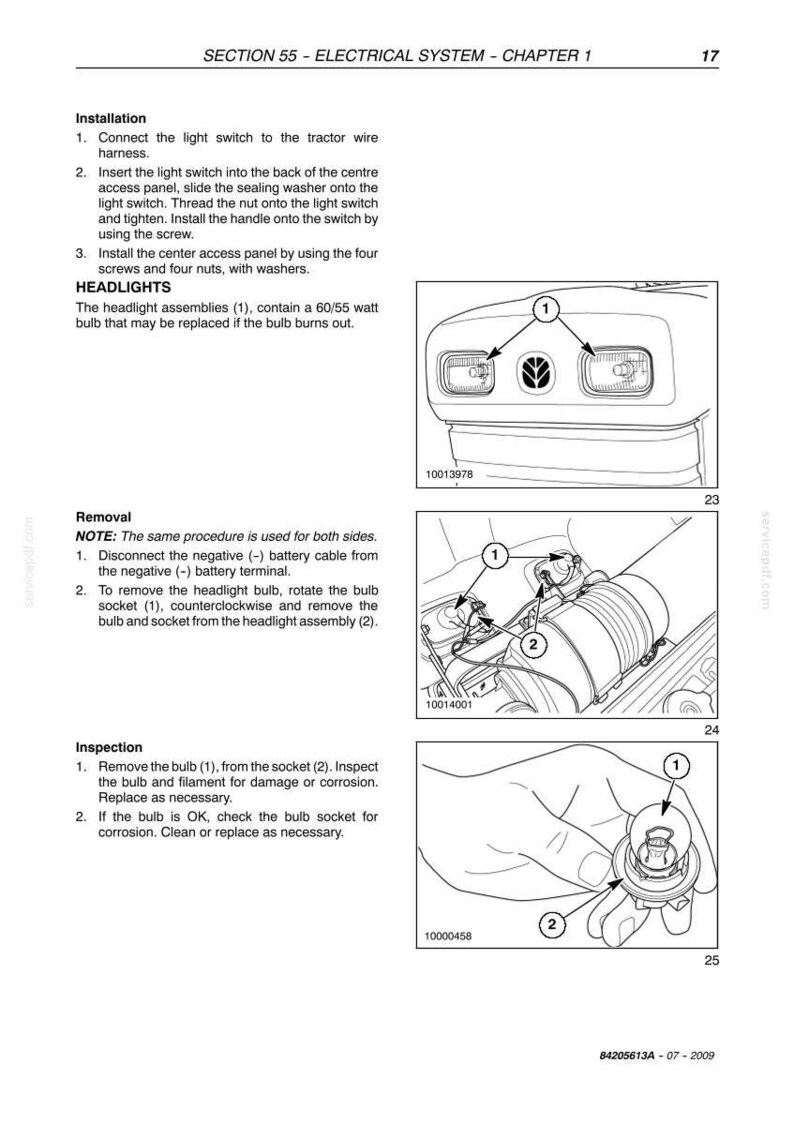 May include: Diagrams from a manual detailing the electrical system of a tractor. The images show headlight assembly, bulb removal, and inspection procedures. Text includes instructions and part numbers.