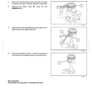May include: Diagram illustrating the disassembly of a connecting rod and piston. The image shows step-by-step instructions with numbered illustrations and labels, including the removal of piston rings and snap rings.