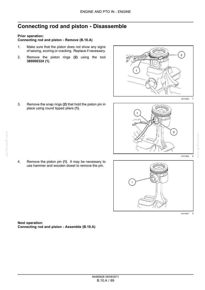 May include: Diagram illustrating the disassembly of a connecting rod and piston. The image shows step-by-step instructions with numbered illustrations and labels, including the removal of piston rings and snap rings.
