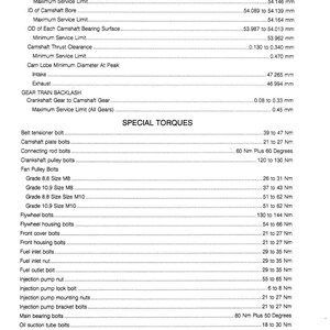 May include: A detailed technical specification sheet for a camshaft, featuring measurements in millimeters and torque specifications in Newton meters. Includes data for various engine components like bolts, gears, and bearings. The document is dated 2-92 and printed in the U.S.A.