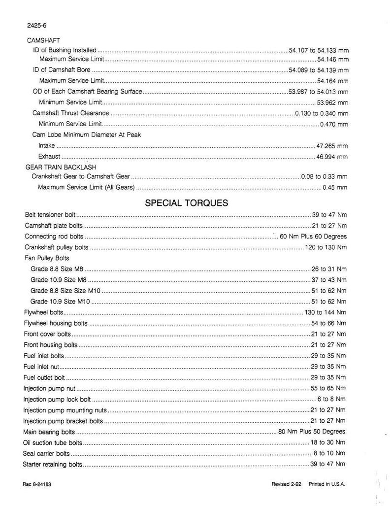 May include: A detailed technical specification sheet for a camshaft, featuring measurements in millimeters and torque specifications in Newton meters. Includes data for various engine components like bolts, gears, and bearings. The document is dated 2-92 and printed in the U.S.A.