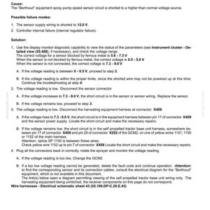以下が含まれることがあります： 電気システムの障害コードに関する技術文書。スプレーポンプ速度の問題に対するトラブルシューティング手順を詳述しており、電圧チェックやコネクタ検査が含まれます。図面参照が含まれています。