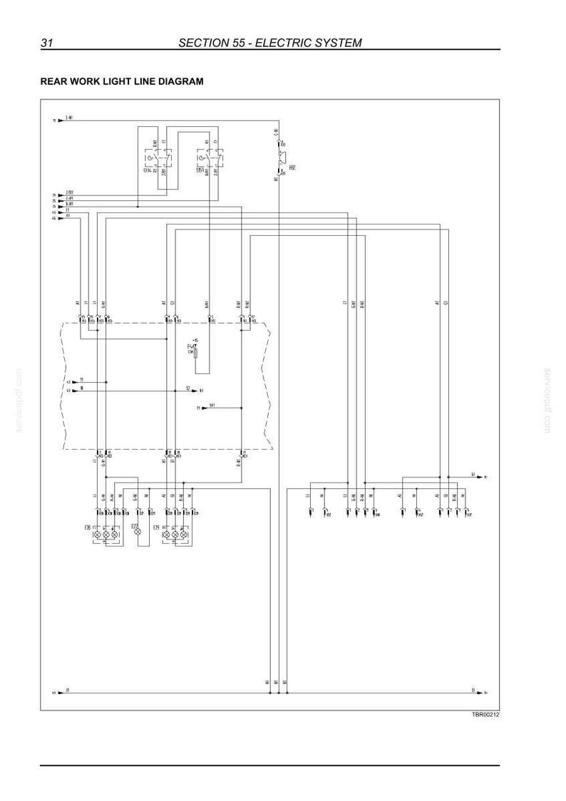 Op de afbeelding: Een technisch schema getiteld SECTION 55 - ELECTRIC SYSTEM en REAR WORK LIGHT LINE DIAGRAM. Het zwart-wit document toont een complex elektrisch schakelschema met diverse symbolen, lijnen en labels voor bedradingsverbindingen.