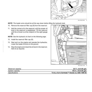 May include: Diagram from a maintenance manual showing hydraulic system components. Includes instructions for draining and filling the hydraulic oil reservoir. The image highlights the reservoir filler cap and sight gauge.