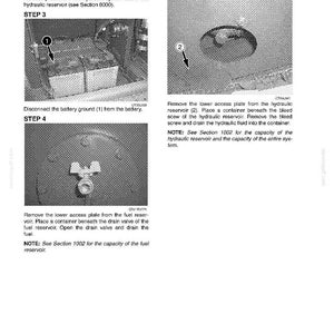 May include: A technical manual page with instructions for hydraulic system maintenance. Steps include disconnecting the battery, removing access plates, and draining fluids. Text and diagrams are in black and white.