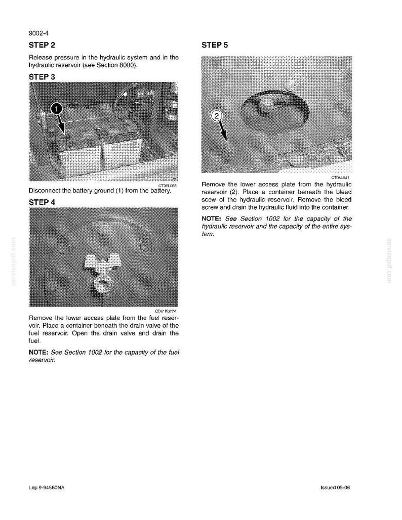 May include: A technical manual page with instructions for hydraulic system maintenance. Steps include disconnecting the battery, removing access plates, and draining fluids. Text and diagrams are in black and white.