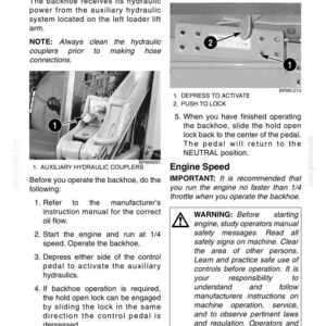 May include: A page from an operating manual for a backhoe, detailing hydraulic power and auxiliary systems. Includes diagrams with numbered instructions for operation, safety warnings, and engine speed recommendations.