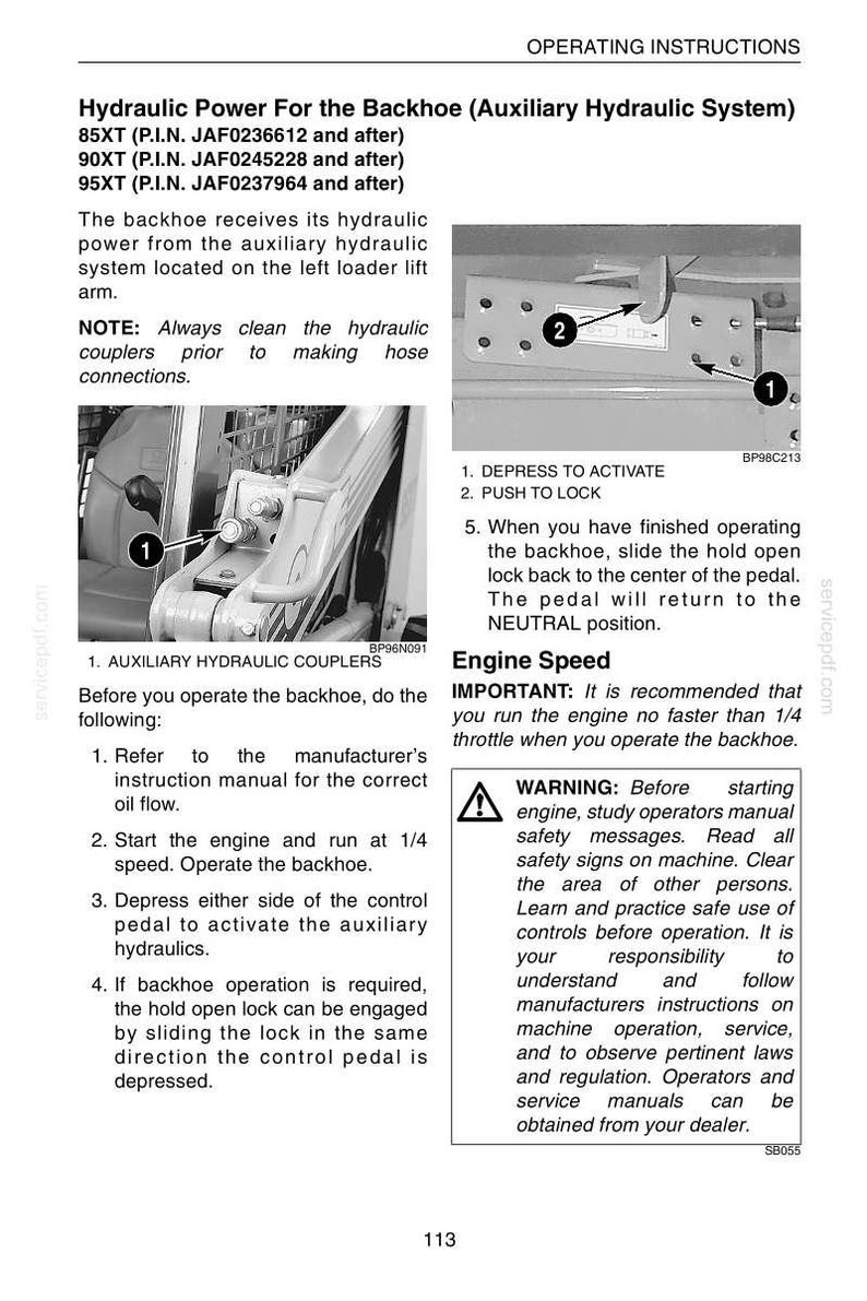 May include: A page from an operating manual for a backhoe, detailing hydraulic power and auxiliary systems. Includes diagrams with numbered instructions for operation, safety warnings, and engine speed recommendations.