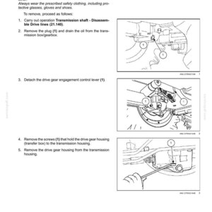 May include: Diagram of mechanical transmission components, including gears, shafts, and bearings. Instructions detail removing drive lines, with numbered steps and illustrations. Text includes safety warnings and part identification.
