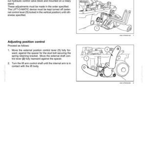 May include: Diagram of a rear hydraulic lift adjustment procedure. The image includes two detailed illustrations with labels and arrows, showing the external control lever and lift arm control shaft. Text explains the steps for adjusting the position control.