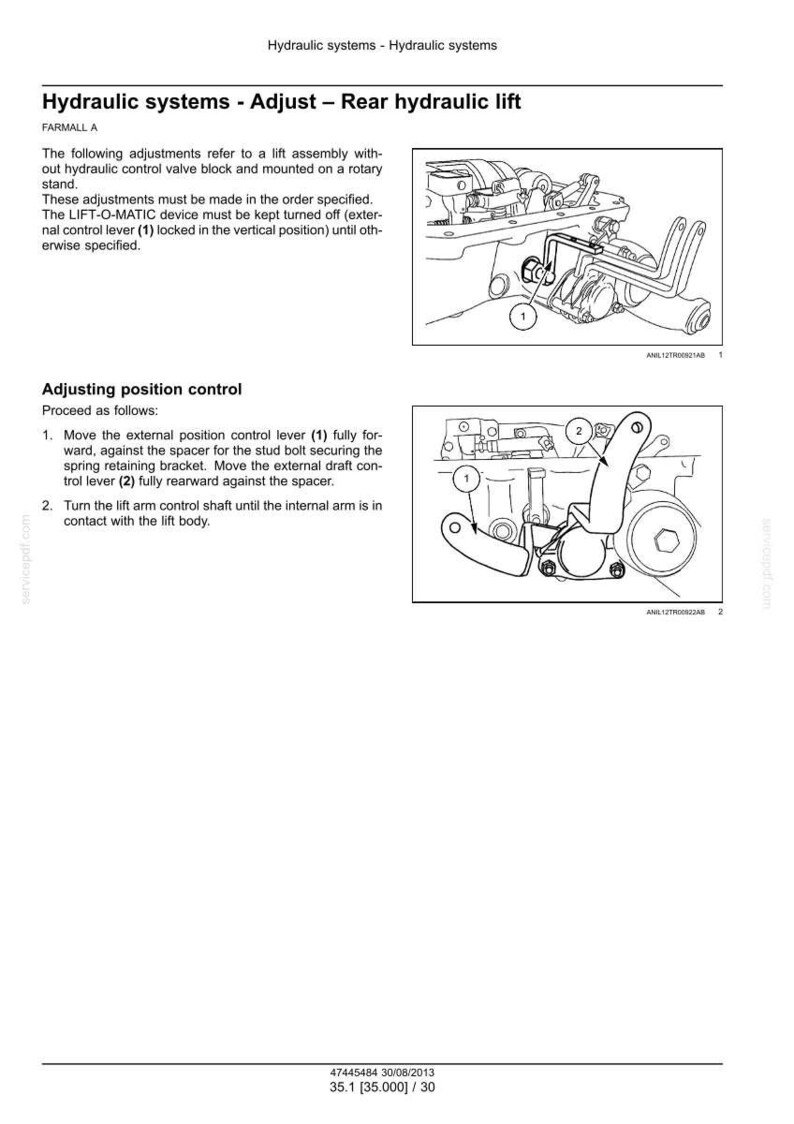 May include: Diagram of a rear hydraulic lift adjustment procedure. The image includes two detailed illustrations with labels and arrows, showing the external control lever and lift arm control shaft. Text explains the steps for adjusting the position control.