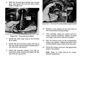 May include: An instructional page from a manual, featuring diagrams and text related to automotive repair. The images show hands working on mechanical components, with labels like "Forward Drive Shaft" and "Reverse Drive Shaft Bearing Retainer."