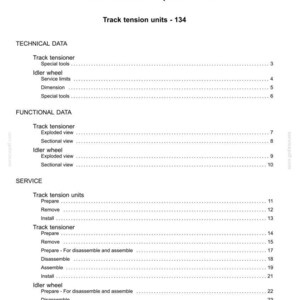May include: A detailed table of contents page from a technical manual, titled "Tracks and track suspension - 48". The document outlines sections on track tension units, technical data, functional data, and service procedures, with page numbers.