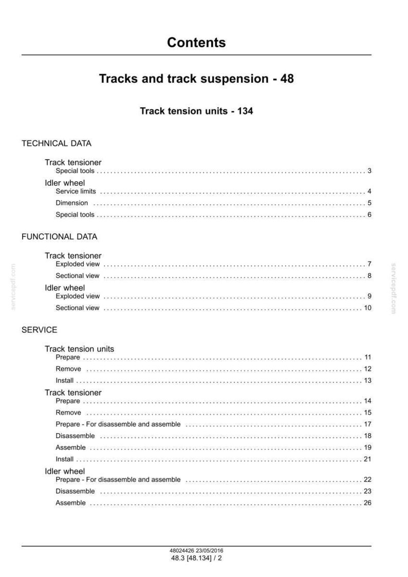 May include: A detailed table of contents page from a technical manual, titled "Tracks and track suspension - 48". The document outlines sections on track tension units, technical data, functional data, and service procedures, with page numbers.