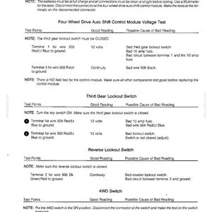 May include: A printed page with technical diagrams and instructions for testing a four-wheel drive auto shift circuit. The text includes voltage tests, lockout switch tests, and 4WD switch tests. The document is labeled "Four Wheel Drive (4WD) Auto Shift Circuit Testing."