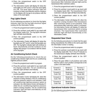 May include: A printed page with instructions for checking vehicle lights, air conditioning, and gear. The text includes steps for using a program/reset switch and up/down count switch. There is a table with gear codes.