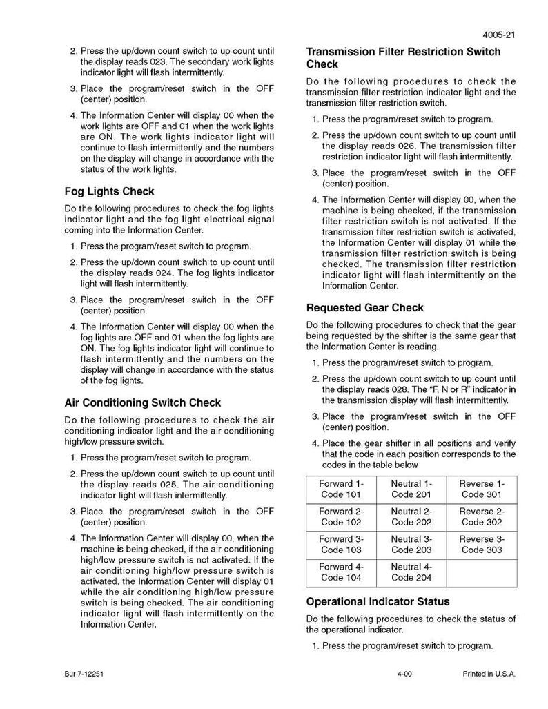May include: A printed page with instructions for checking vehicle lights, air conditioning, and gear. The text includes steps for using a program/reset switch and up/down count switch. There is a table with gear codes.