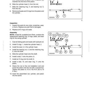 Puede incluir: Una p&aacute;gina de manual t&eacute;cnico titulada SECTION 35 - HYDRAULIC SYSTEMS - CHAPTER 1, que presenta dos diagramas en blanco y negro de un conjunto de cilindro hidr&aacute;ulico con piezas numeradas, instrucciones de inspecci&oacute;n y pasos de montaje.