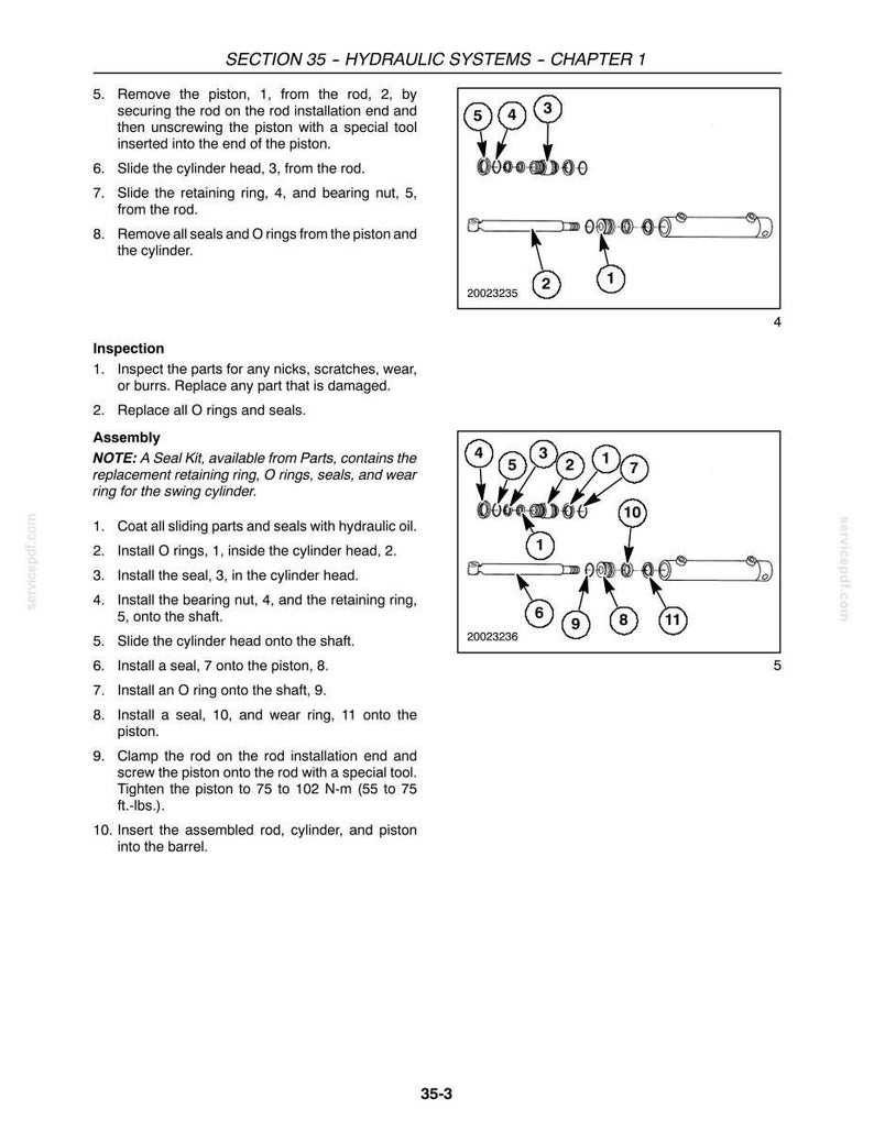 Puede incluir: Una p&aacute;gina de manual t&eacute;cnico titulada SECTION 35 - HYDRAULIC SYSTEMS - CHAPTER 1, que presenta dos diagramas en blanco y negro de un conjunto de cilindro hidr&aacute;ulico con piezas numeradas, instrucciones de inspecci&oacute;n y pasos de montaje.