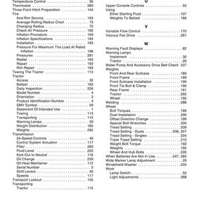 Pu&ograve; includere: Una pagina di documento tecnico in bianco e nero intitolata Detail Index, che elenca argomenti in ordine alfabetico dalla T alla W relativi alla manutenzione dei trattori New Holland, inclusi assistenza pneumatici, trasmissione e regolazioni ruote.