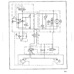 May include: Diagram of a hydrostatic circuit for a power-assist rear wheel drive system. The schematic includes various components like pumps, valves, and circuits, with text labels and numerical references. The diagram is labeled "Fig. 1" and includes the "NEW HOLLAND" logo.