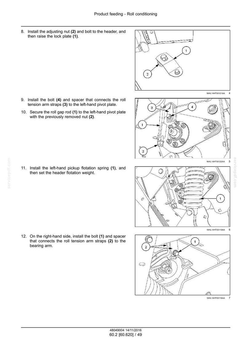 May include: Diagram of mechanical components with labels and arrows. Instructions include installing bolts, nuts, and spacers. The image is a technical illustration for product feeding and roll conditioning.