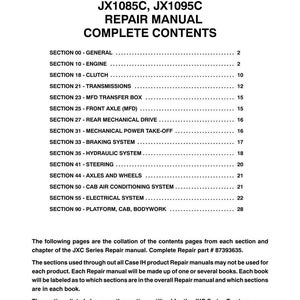 May include: A repair manual titled "JX1060C, JX1070C, JX1075C, JX1085C, JX1095C Repair Manual Complete Contents." The table of contents lists sections for engine, clutch, transmissions, axles, and more. The manual is for JXC Series Tractors.