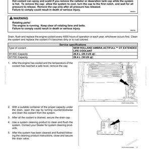 May include: A black and white technical manual page titled 7-MAINTENANCE Engine coolant. It includes safety warnings about burn hazards and rotating parts, instructions for replacing coolant, and a table listing New Holland Ambra Actifull OT Extended Life Coolant capacities of 26.8 L (28.3 US qt) and 28.4 L (30 US qt).