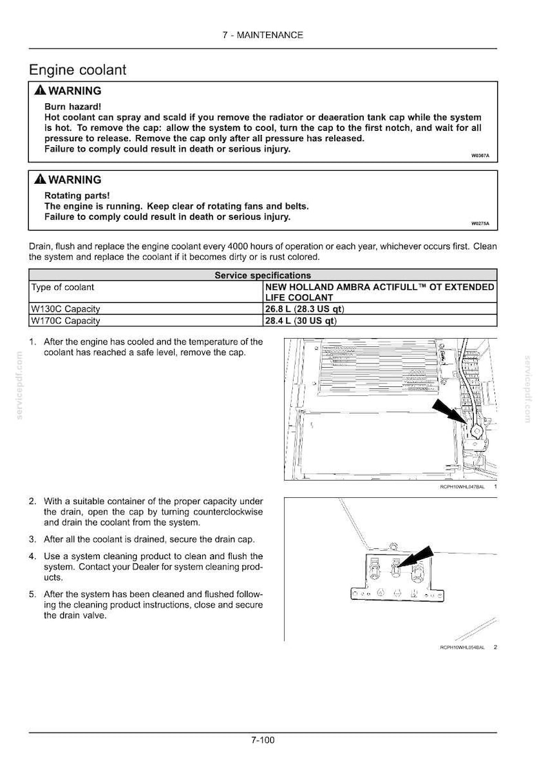 May include: A black and white technical manual page titled 7-MAINTENANCE Engine coolant. It includes safety warnings about burn hazards and rotating parts, instructions for replacing coolant, and a table listing New Holland Ambra Actifull OT Extended Life Coolant capacities of 26.8 L (28.3 US qt) and 28.4 L (30 US qt).