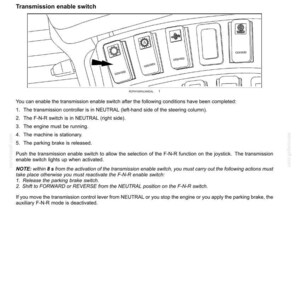 May include: Diagram of a vehicle control panel with the text "Transmission enable switch." The panel includes several labeled switches and instructions for use. The image is from a manual.