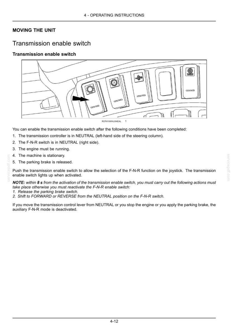 May include: Diagram of a vehicle control panel with the text "Transmission enable switch." The panel includes several labeled switches and instructions for use. The image is from a manual.
