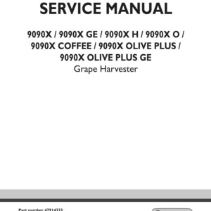 May include: A white service manual cover with the text "SERVICE MANUAL" in bold black letters. Below, model numbers and "Grape Harvester" are listed. The New Holland Agriculture logo is in the bottom right corner.