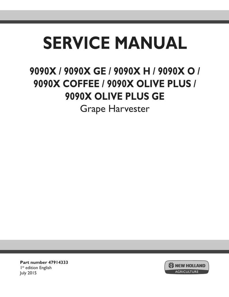 May include: A white service manual cover with the text "SERVICE MANUAL" in bold black letters. Below, model numbers and "Grape Harvester" are listed. The New Holland Agriculture logo is in the bottom right corner.