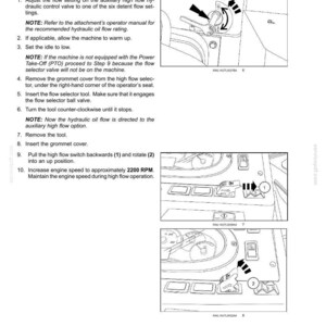 May include: A technical manual page titled 6 - WORKING OPERATIONS containing black and white line drawings of machinery controls. The text provides step-by-step instructions for engaging a high flow switch, adjusting hydraulic valves, and setting engine speed to 2200 RPM.