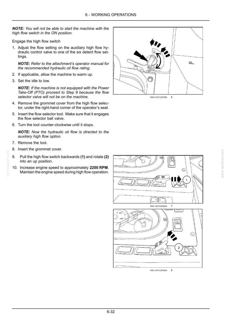 May include: A technical manual page titled 6 - WORKING OPERATIONS containing black and white line drawings of machinery controls. The text provides step-by-step instructions for engaging a high flow switch, adjusting hydraulic valves, and setting engine speed to 2200 RPM.