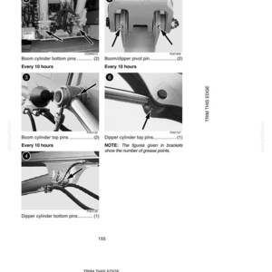 May include: Diagram of heavy machinery lubrication points, including boom cylinder pins and dipper cylinder pins. The image includes text indicating the frequency of lubrication and the number of grease points.