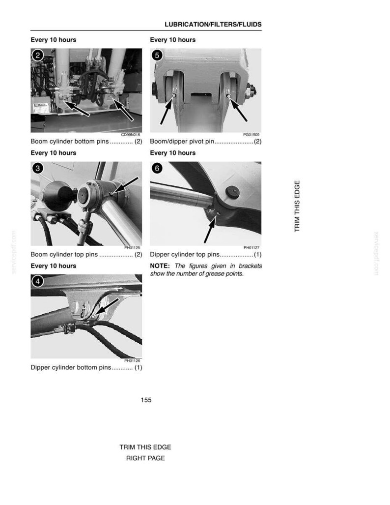 May include: Diagram of heavy machinery lubrication points, including boom cylinder pins and dipper cylinder pins. The image includes text indicating the frequency of lubrication and the number of grease points.