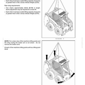 May include: Diagram of a compact construction vehicle with sling requirements for transport. The text indicates the vehicle is SR130 and SR160 only, with front slings of 12.0 ft in length and rear chains approximately 8.1 ft in length.