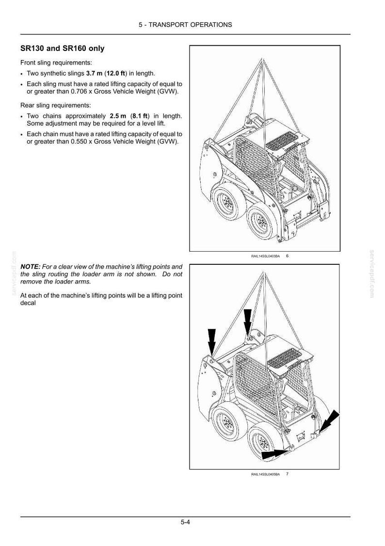 May include: Diagram of a compact construction vehicle with sling requirements for transport. The text indicates the vehicle is SR130 and SR160 only, with front slings of 12.0 ft in length and rear chains approximately 8.1 ft in length.