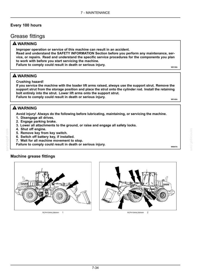 May include: Diagram of a heavy machine with arrows pointing to grease fittings. The image includes safety warnings about maintenance procedures, including disengaging drives and engaging the parking brake.