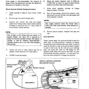 Puede incluir: Diagrama del tren de rodaje de un modelo 120 Crawler, que detalla el procedimiento de carga del cilindro del amortiguador. Incluye un suministro de gas, una v&aacute;lvula reguladora, una v&aacute;lvula de alivio y un man&oacute;metro. Se proporcionan instrucciones de texto y un diagrama.