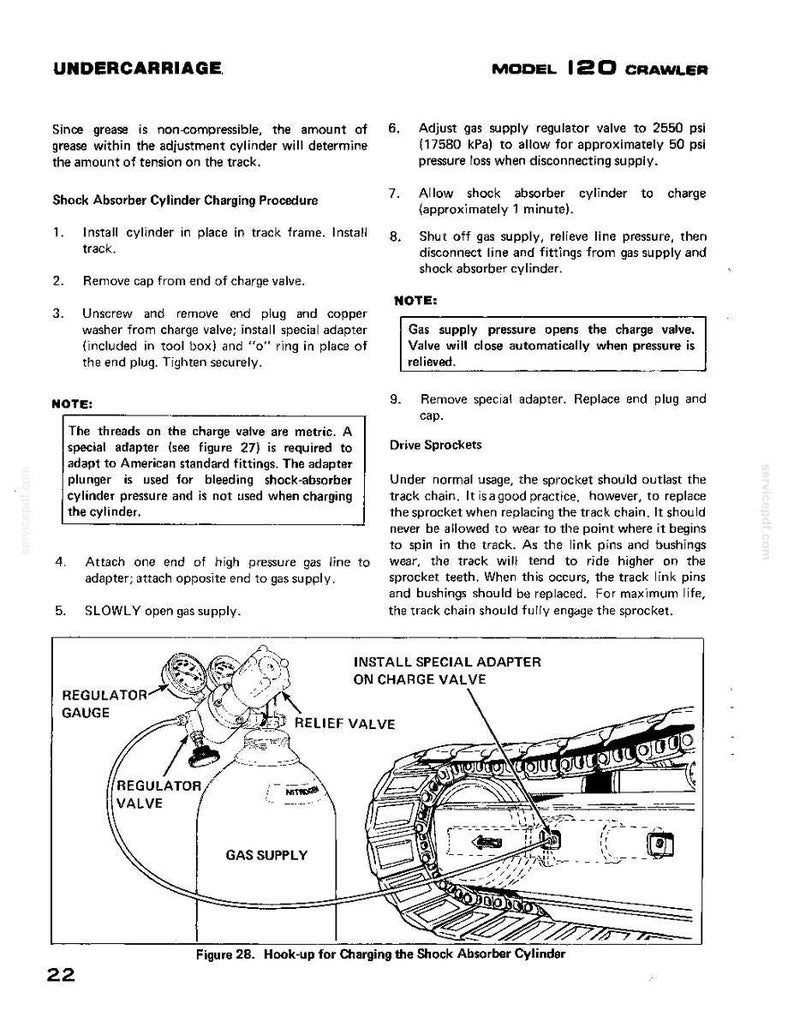 Puede incluir: Diagrama del tren de rodaje de un modelo 120 Crawler, que detalla el procedimiento de carga del cilindro del amortiguador. Incluye un suministro de gas, una v&aacute;lvula reguladora, una v&aacute;lvula de alivio y un man&oacute;metro. Se proporcionan instrucciones de texto y un diagrama.